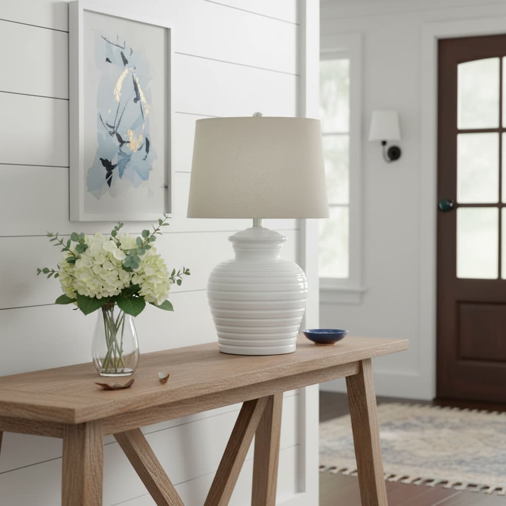 White Ceramic Pot Lamp With Linen Shade