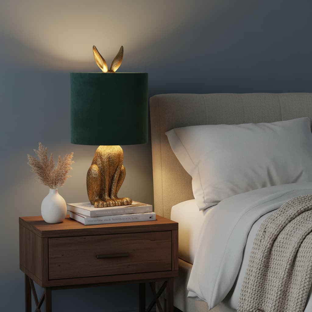 Antique Gold Hare Table Lamp With Green Velvet Shade