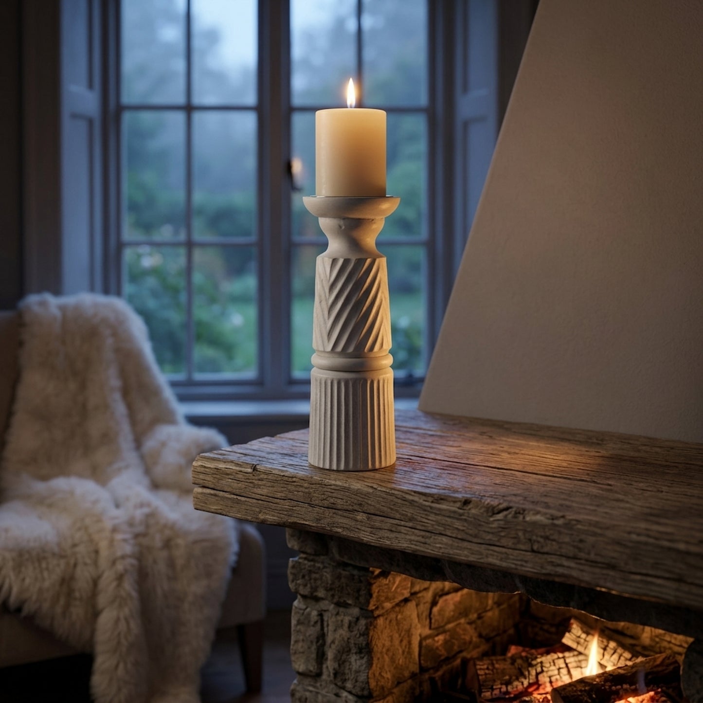 Medium White Carved Candle Holder