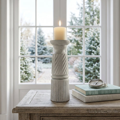 Medium White Carved Candle Holder