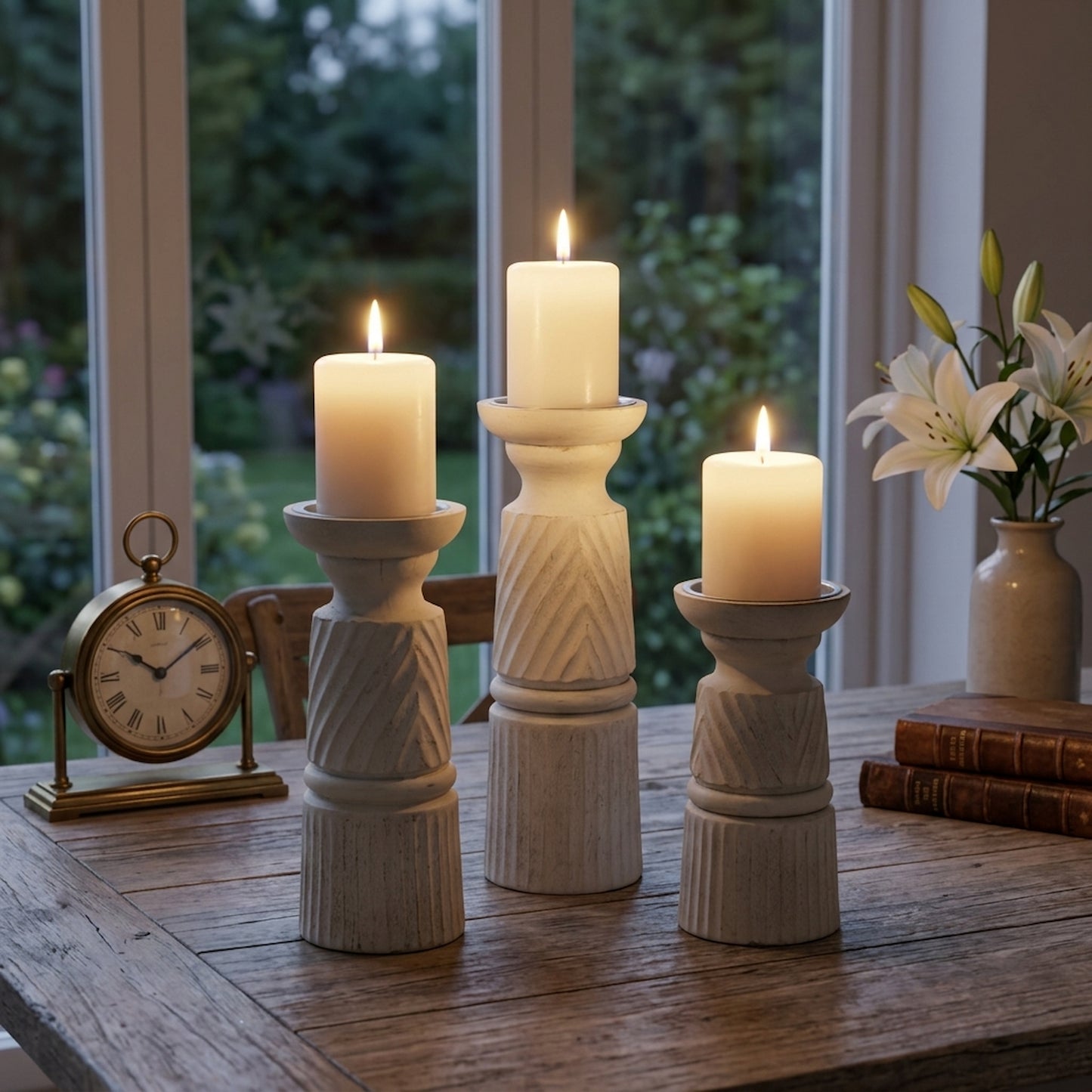Large White Carved Candle Holder