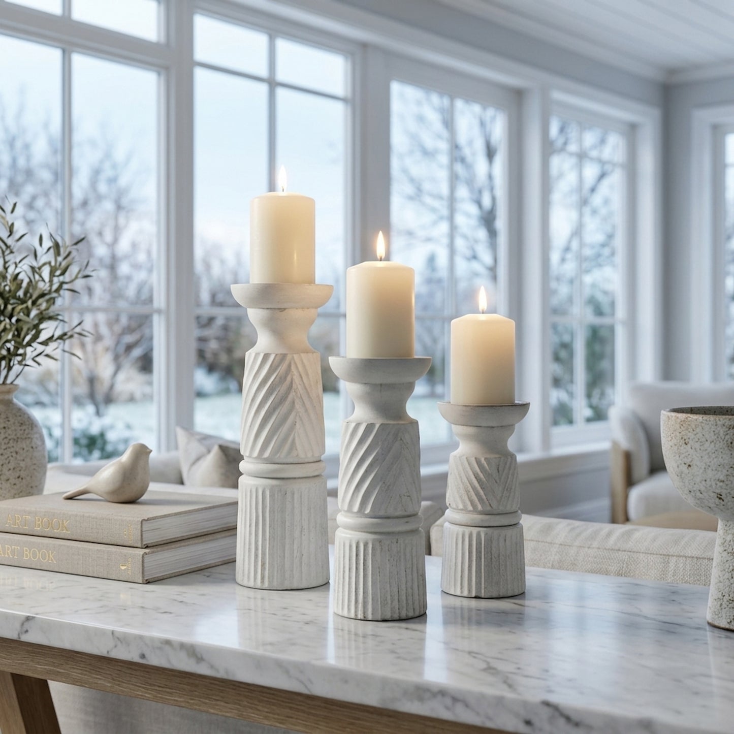 Large White Carved Candle Holder