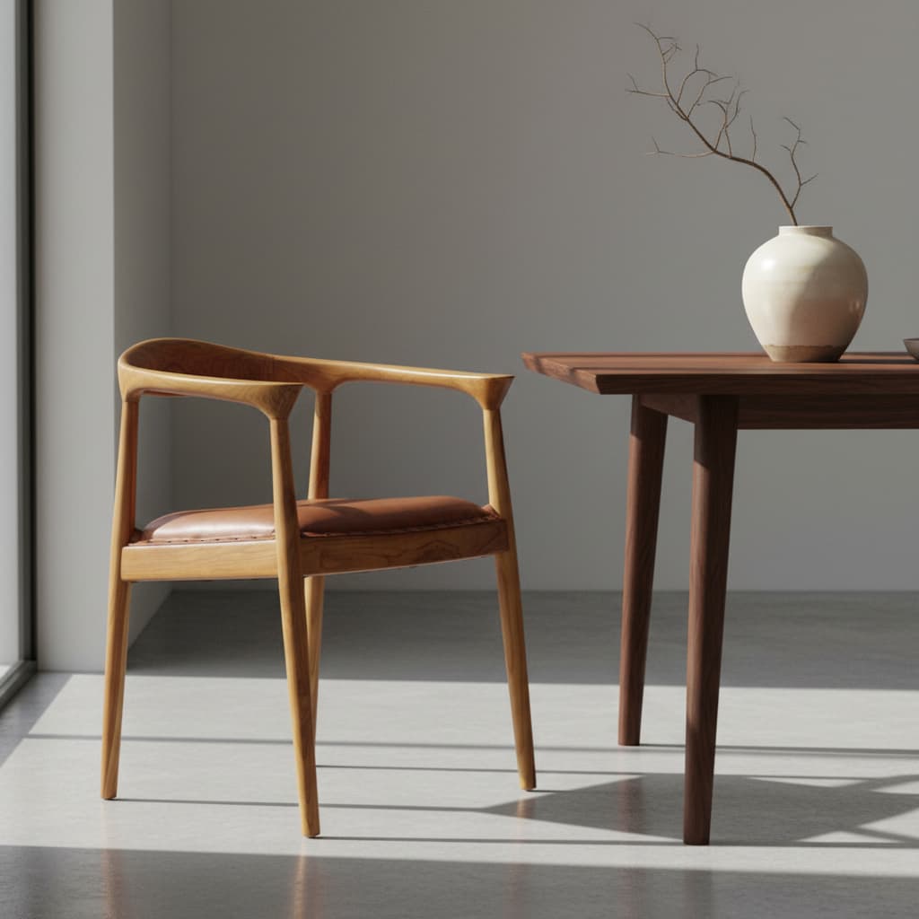 Sumatra Brown Leather and Teak Wood Chair