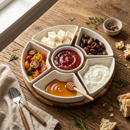 Acacia Lazy Susan including Ceramic Serving Bowls