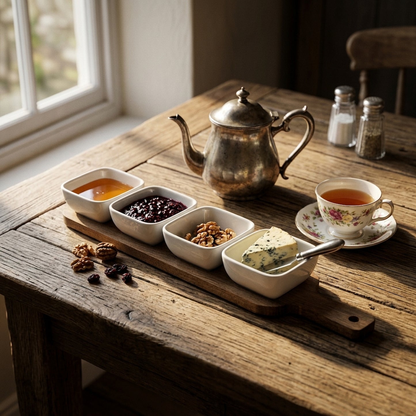Acacia Serving Board including Four Ceramic Serving Bowls
