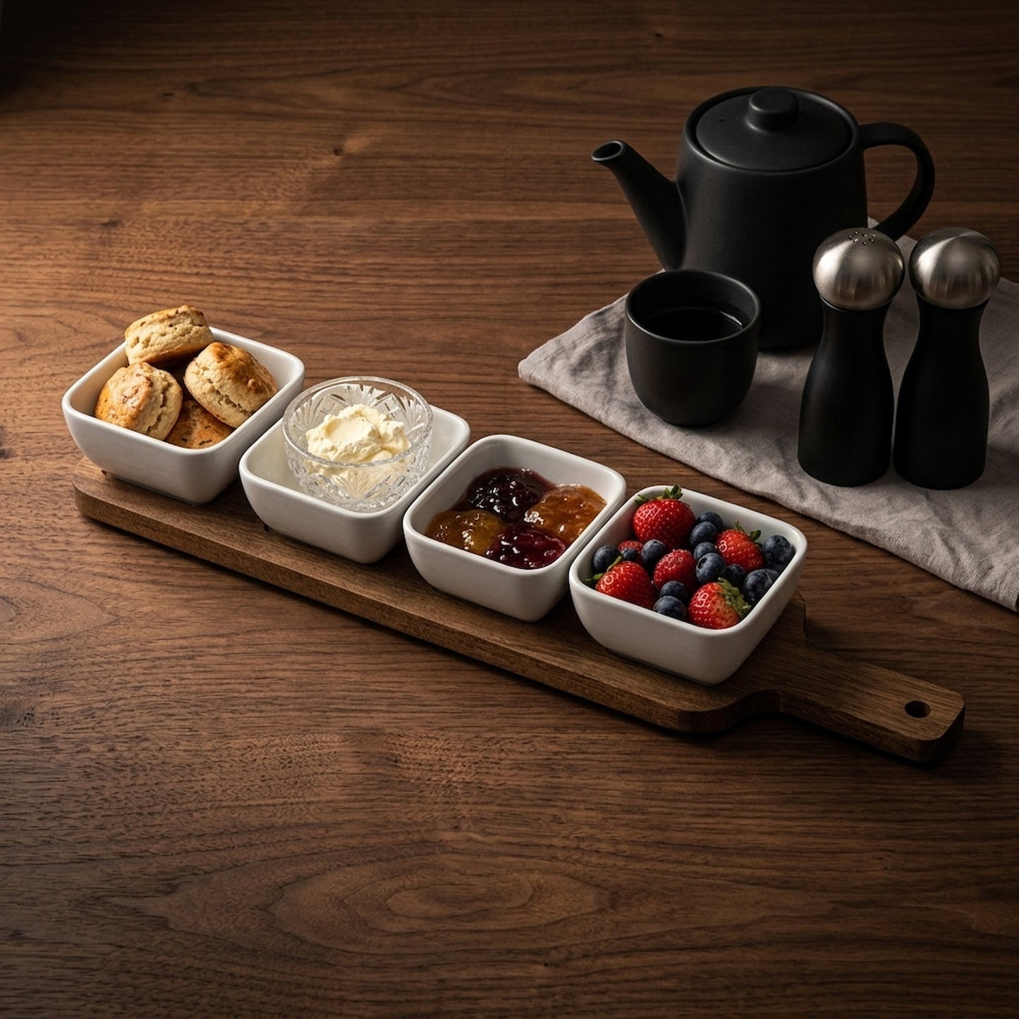 Acacia Serving Board including Four Ceramic Serving Bowls