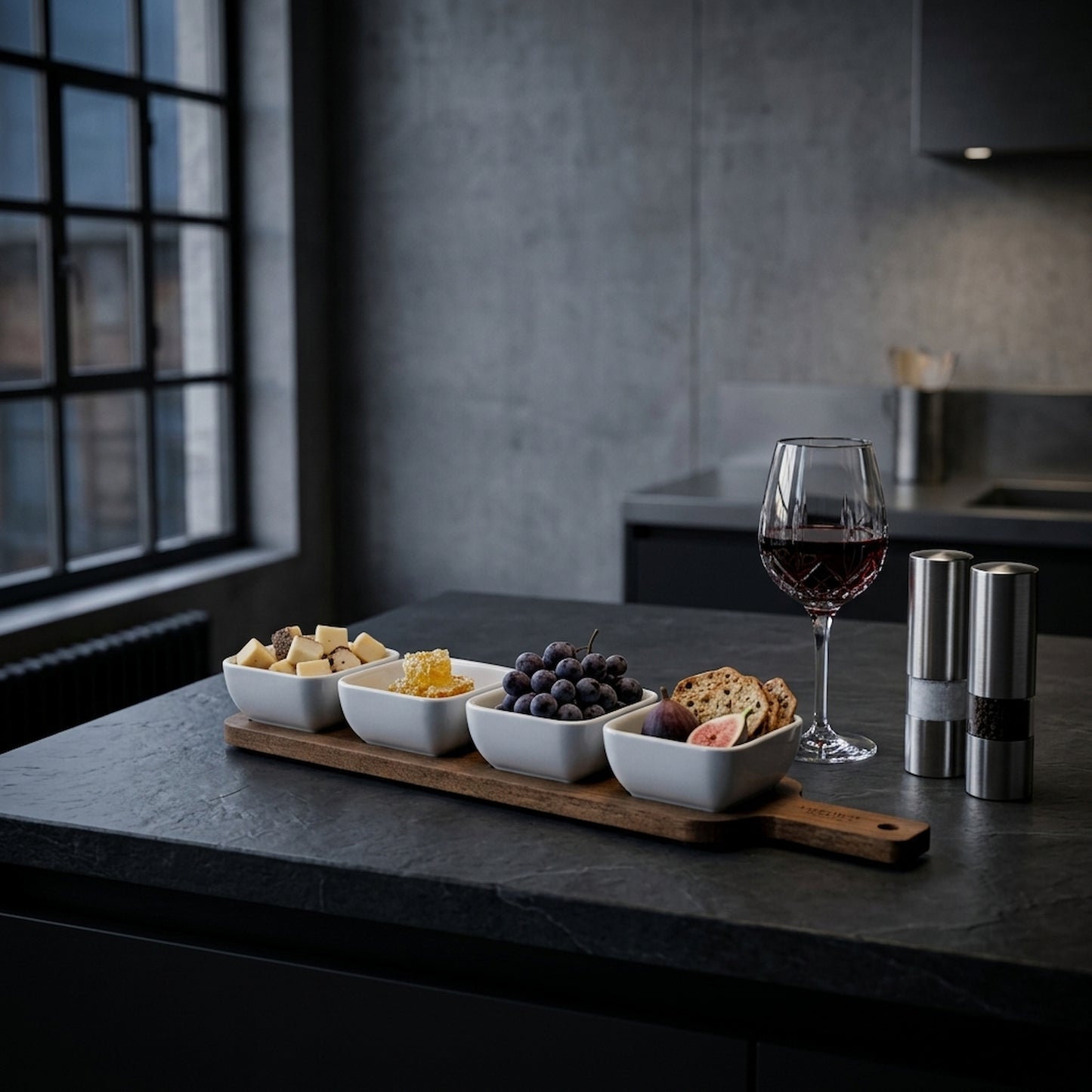 Acacia Serving Board including Four Ceramic Serving Bowls