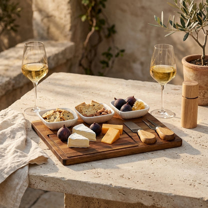 Acacia Cheese Board Set With White Ceramic Bowls And Cutlery