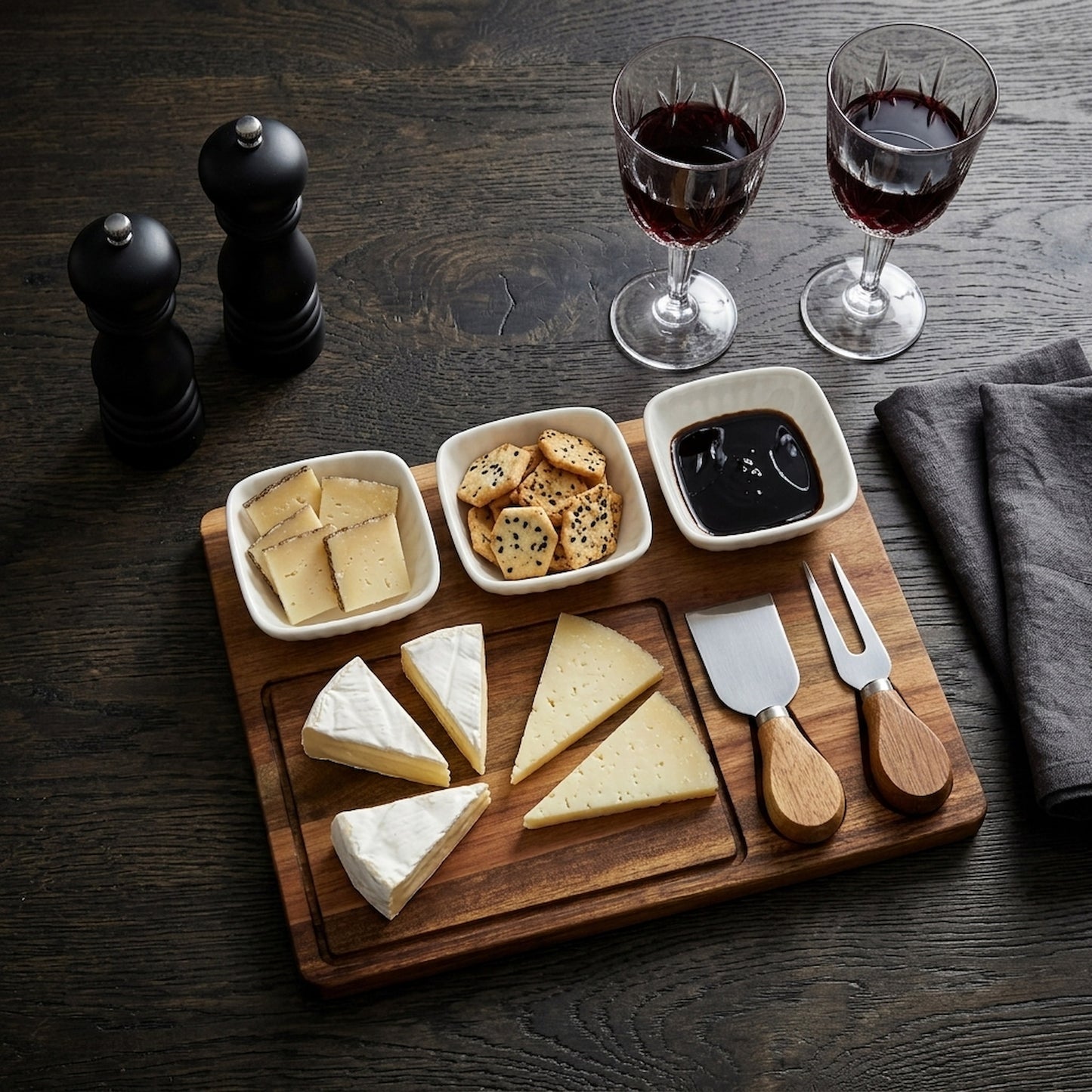 Acacia Cheese Board Set With White Ceramic Bowls And Cutlery