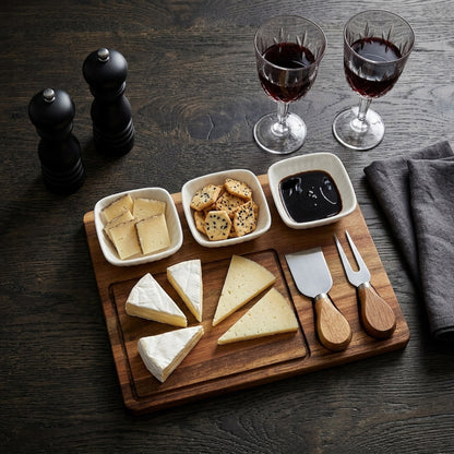 Acacia Cheese Board Set With White Ceramic Bowls And Cutlery
