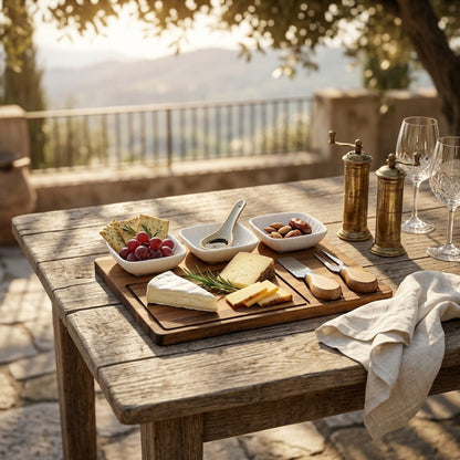 Acacia Cheese Board Set With White Ceramic Bowls And Cutlery