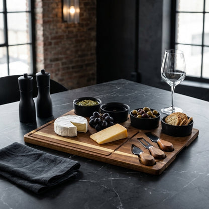 Acacia Cheese Board Set With Grey Ceramic Bowls and Cutlery
