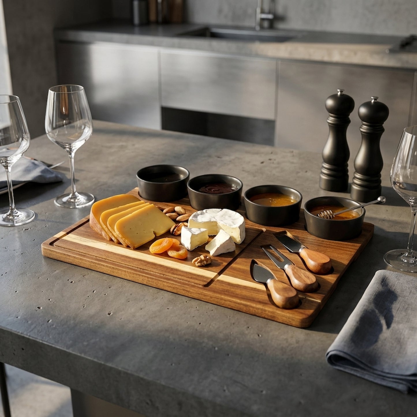 Acacia Cheese Board Set With Grey Ceramic Bowls and Cutlery