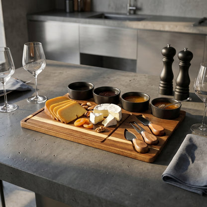 Acacia Cheese Board Set With Grey Ceramic Bowls and Cutlery