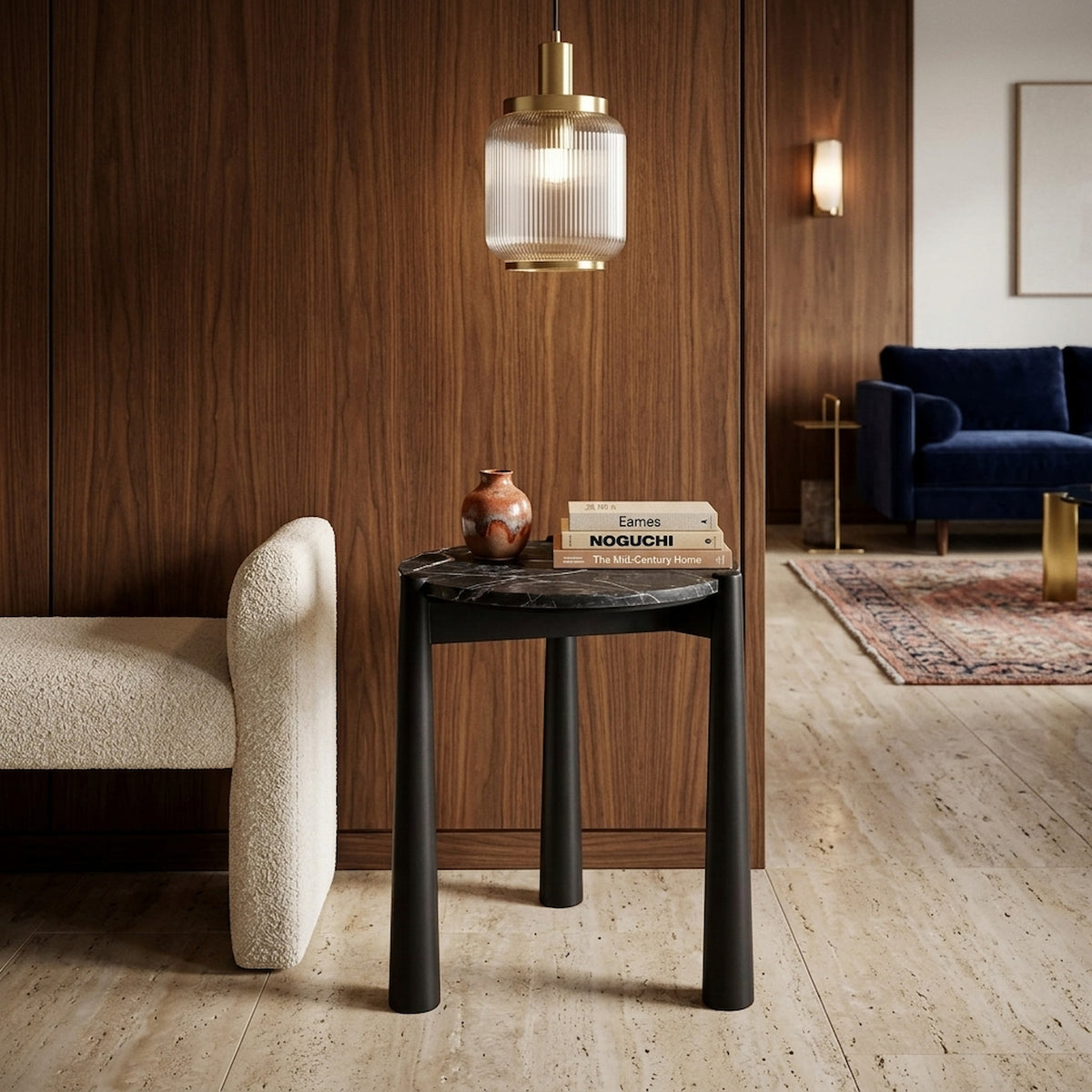 Marlstone Black and White Marble Top Side Table with Mango Wood Legs