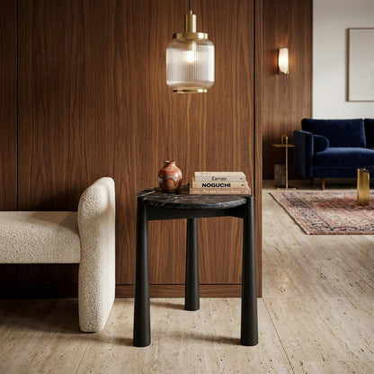 Marlstone Black and White Marble Top Side Table with Mango Wood Legs