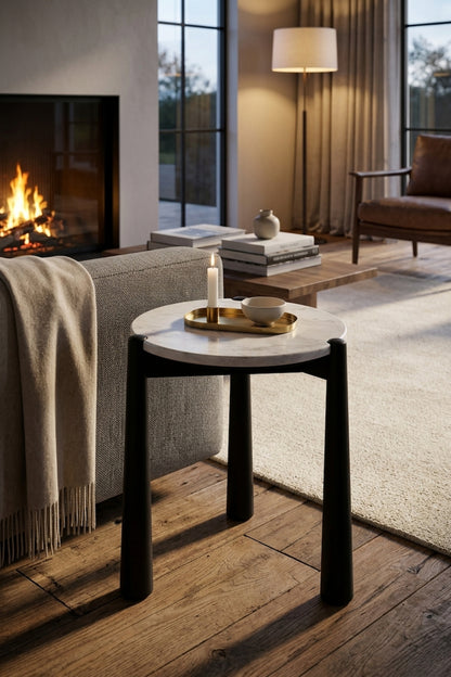 Marlstone White Marble Top and Black Finish Mango Wood Side Table