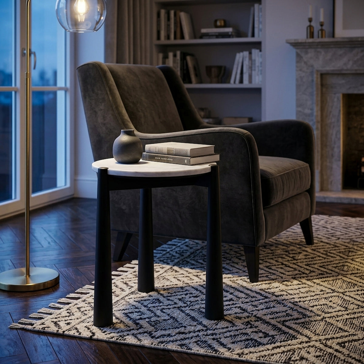 Marlstone White Marble Top and Black Finish Mango Wood Side Table