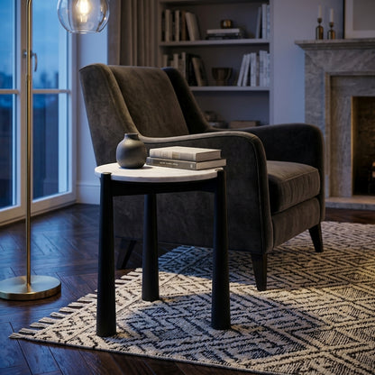 Marlstone White Marble Top and Black Finish Mango Wood Side Table