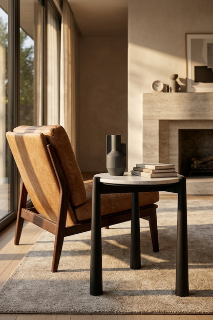 Marlstone Travertine Top and Black Finish Mango Wood Side Table