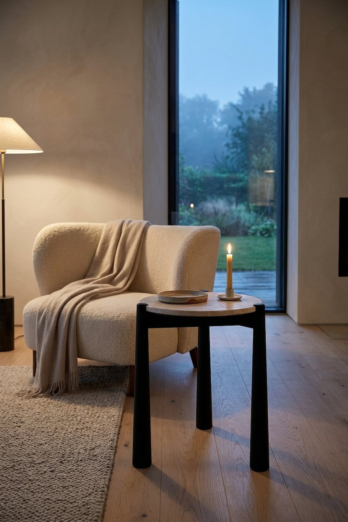 Marlstone Travertine Top and Black Finish Mango Wood Side Table