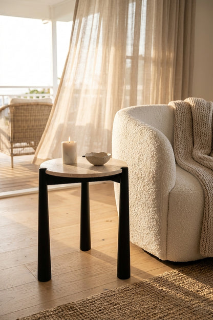 Marlstone Travertine Top and Black Finish Mango Wood Side Table