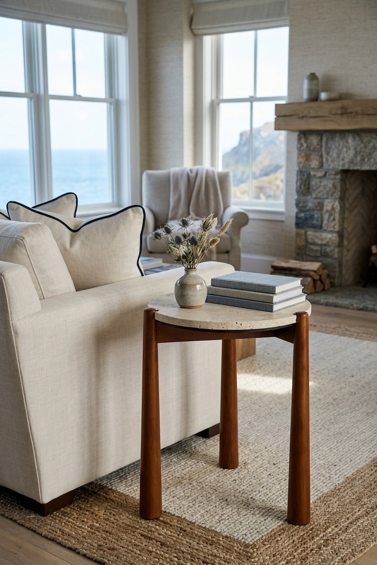 Marlstone Travertine Top and Brown Finish Mango Wood Side Table