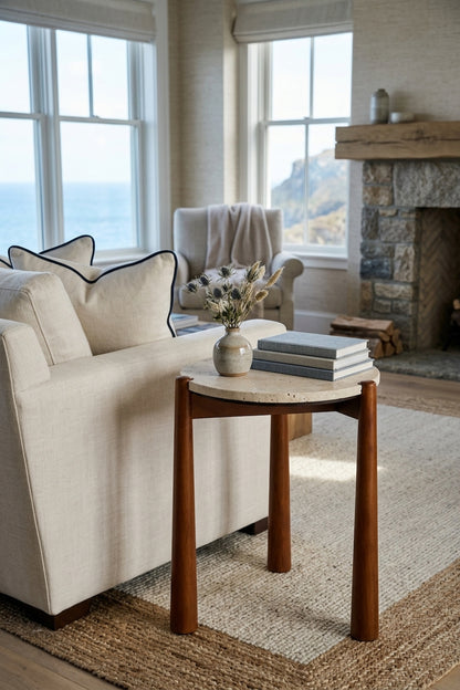 Marlstone Travertine Top and Brown Finish Mango Wood Side Table