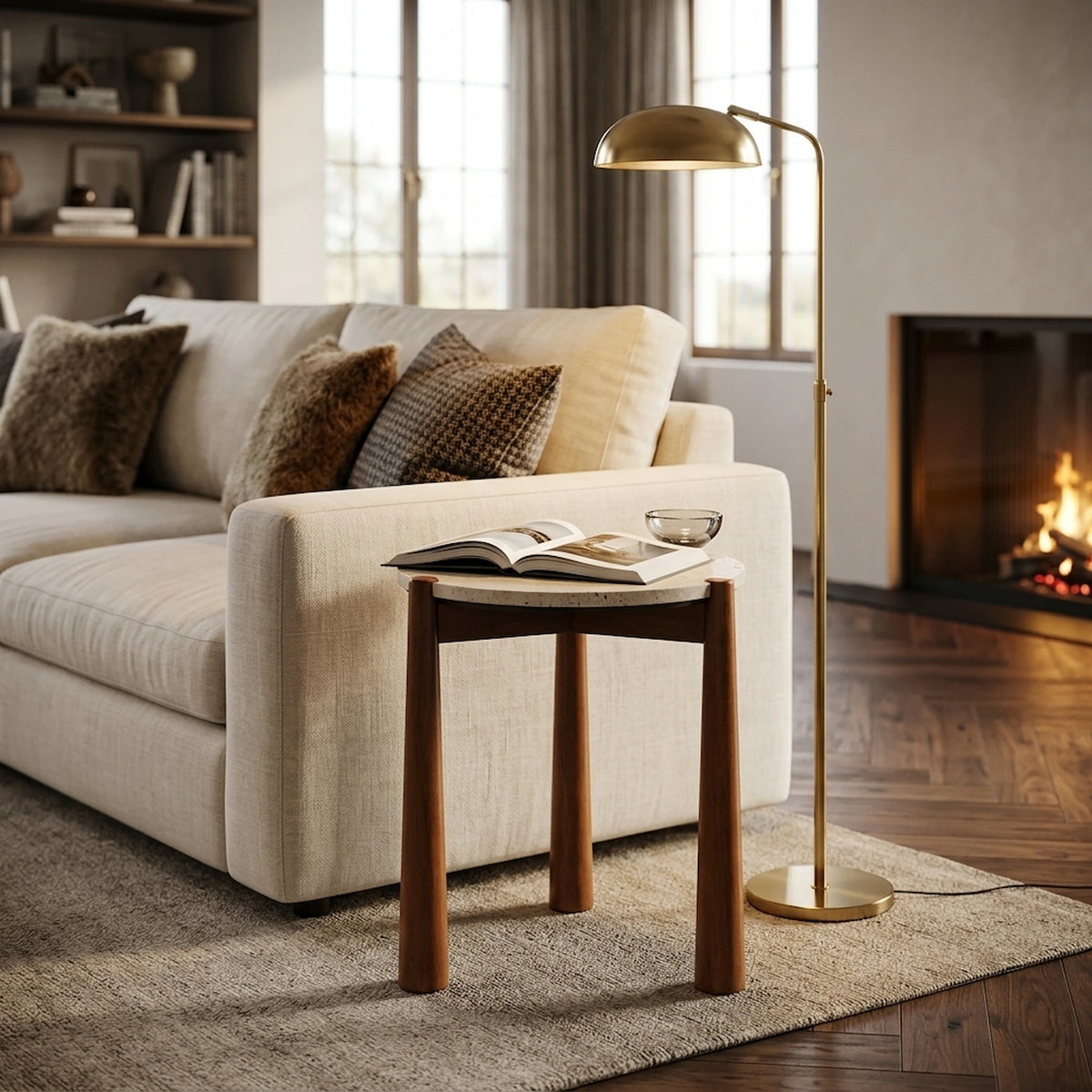 Marlstone Travertine Top and Brown Finish Mango Wood Side Table