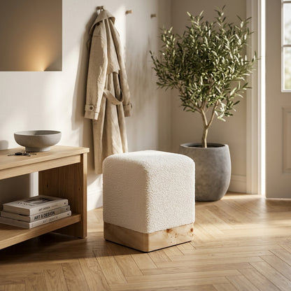 Sequoia Burl Wood And Cream Boucle Sqaure Stool