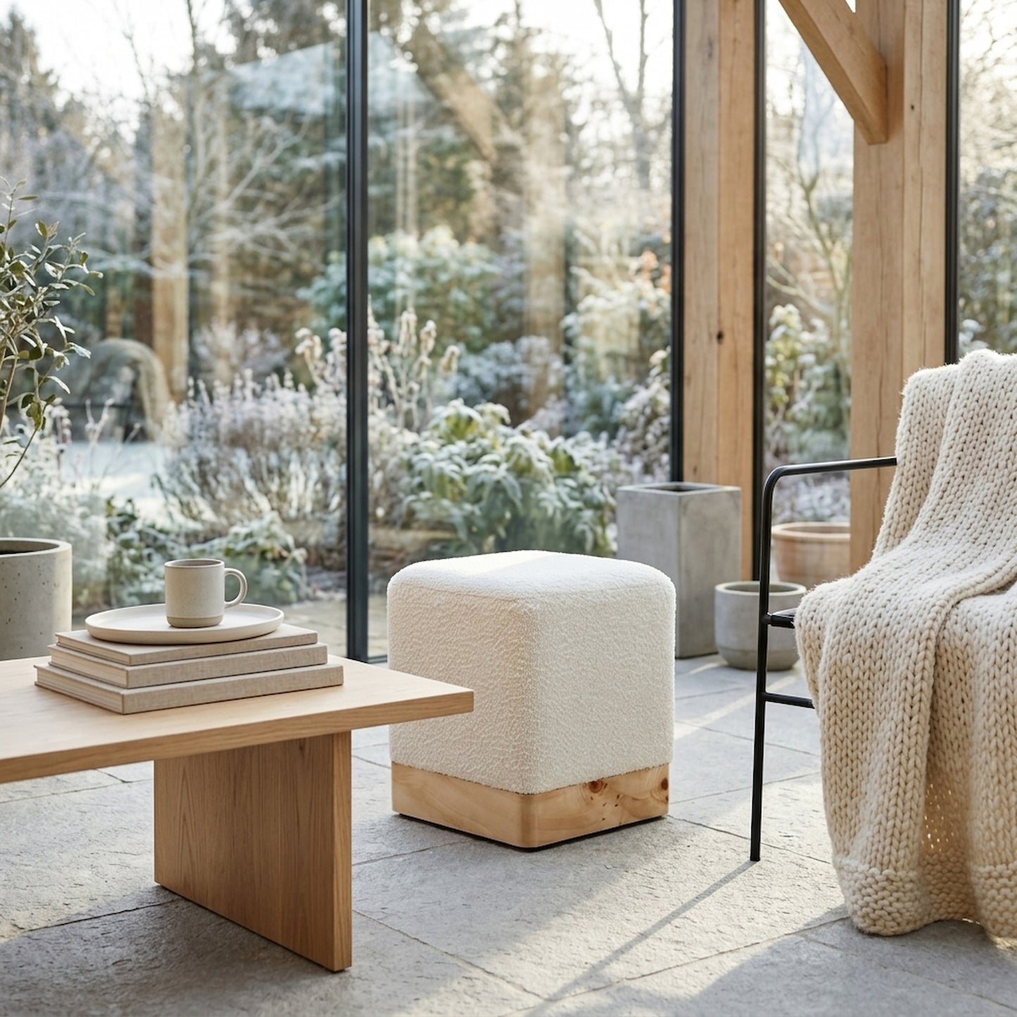 Sequoia Burl Wood And Cream Boucle Sqaure Stool