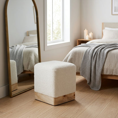 Sequoia Burl Wood And Cream Boucle Sqaure Stool