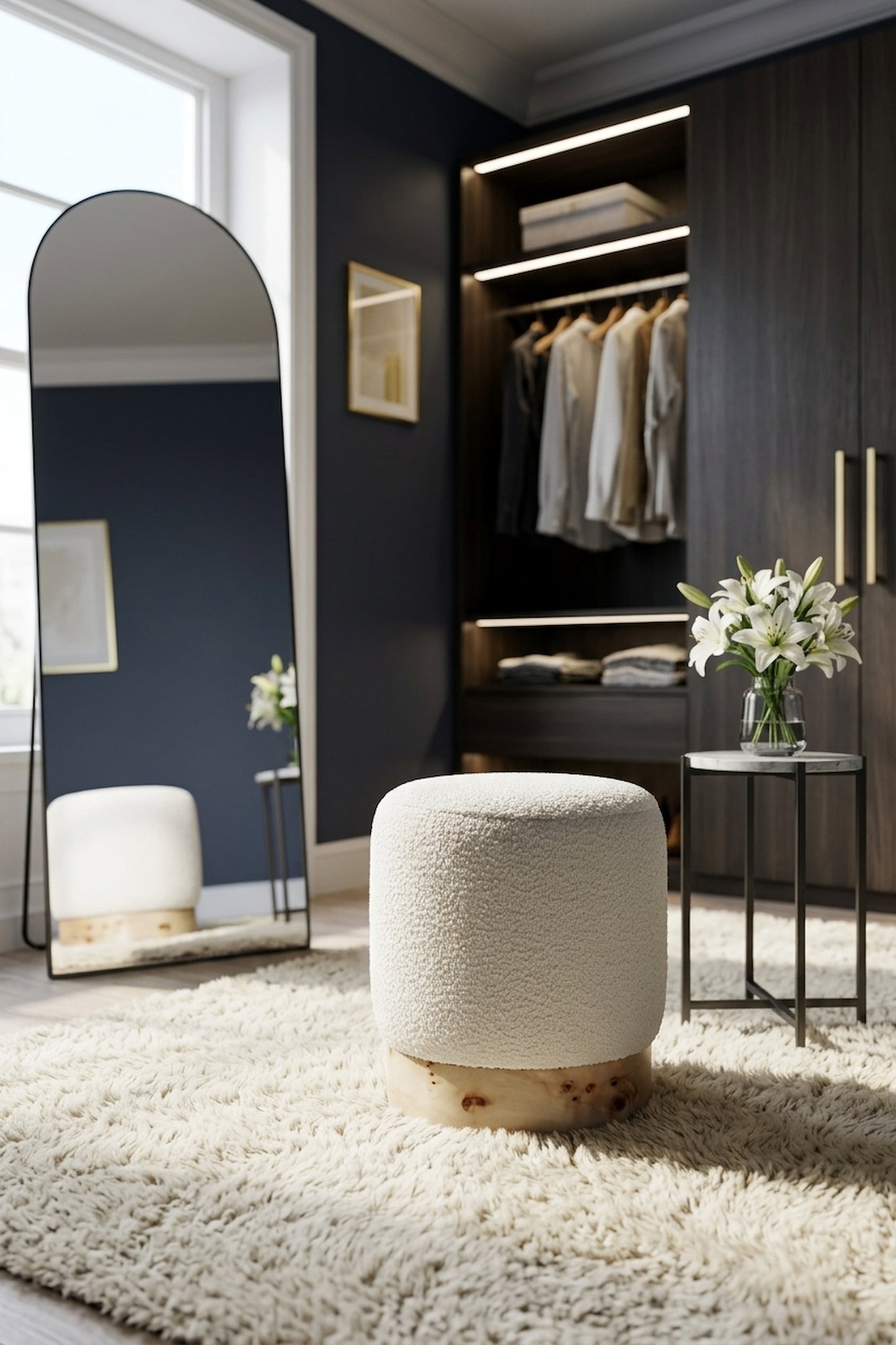 Sequoia Burl Wood And Cream Boucle Round Stool