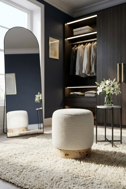 Sequoia Burl Wood And Cream Boucle Round Stool