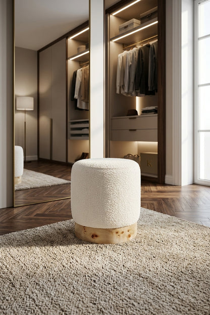 Sequoia Burl Wood And Cream Boucle Round Stool