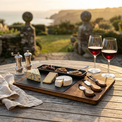 Acacia Cheese Board Set With Grey Bowl, Slate and Cutlery