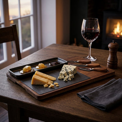 Acacia Cheese Board Set With Grey Bowl, Slate and Cutlery
