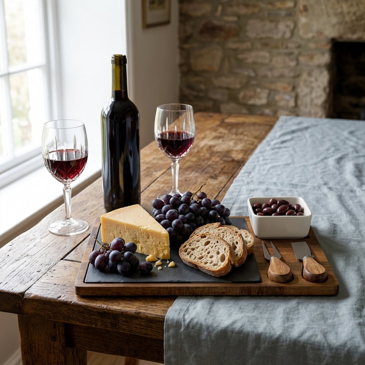 Acacia Cheese Board Set With White Bowl, Slate and Cutlery