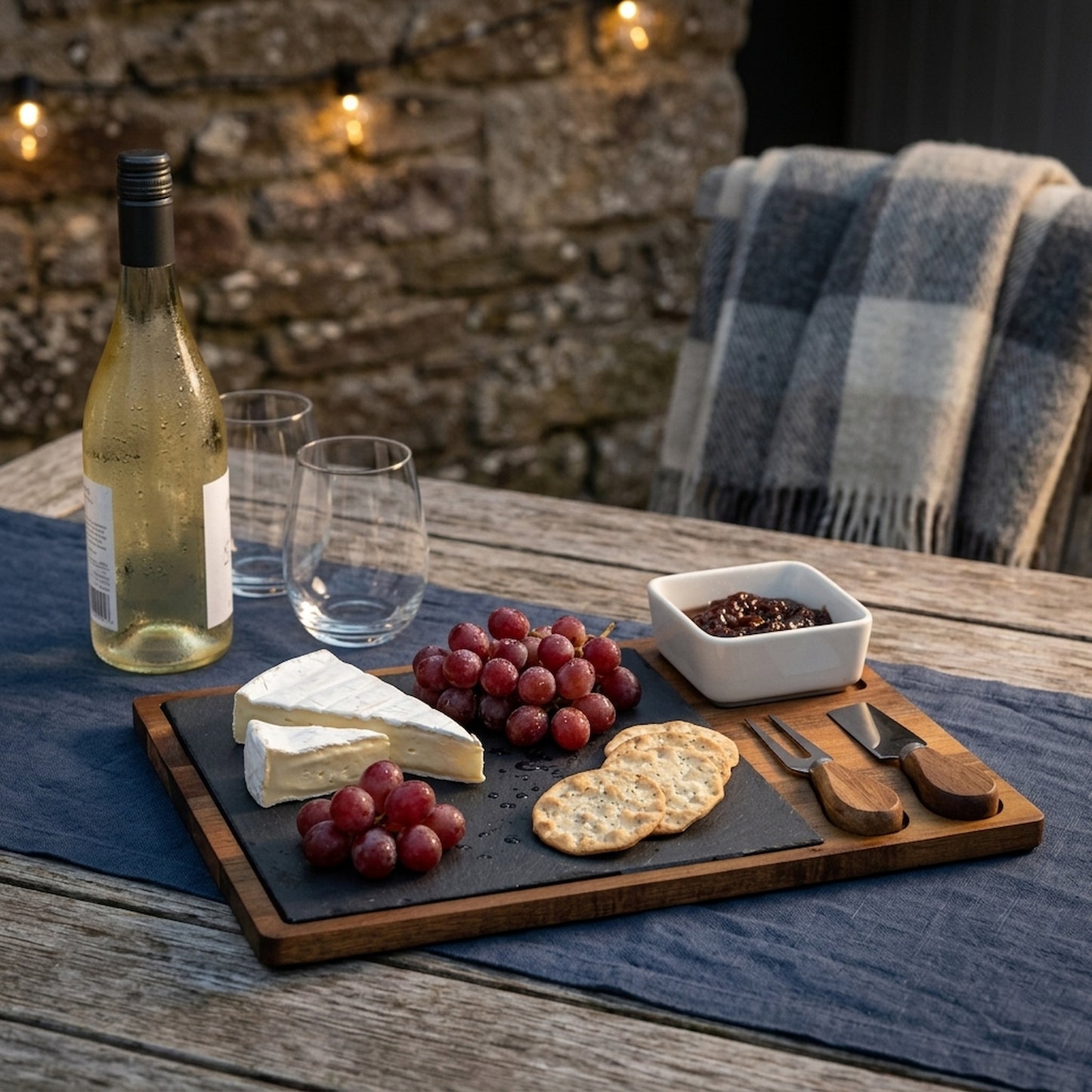 Acacia Cheese Board Set With White Bowl, Slate and Cutlery