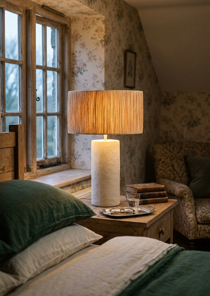 Vellum Natural Papier Mache Table Lamp With Natural Raffia Shade