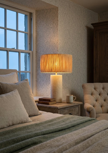Vellum Natural Papier Mache Table Lamp With Natural Raffia Shade