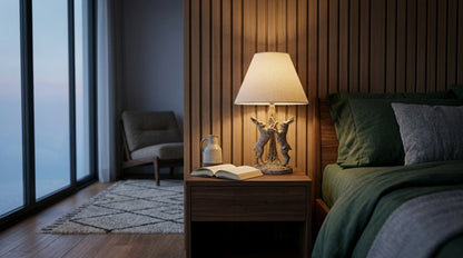 Stonewashed Marching Hares Lamp With Linen Shade