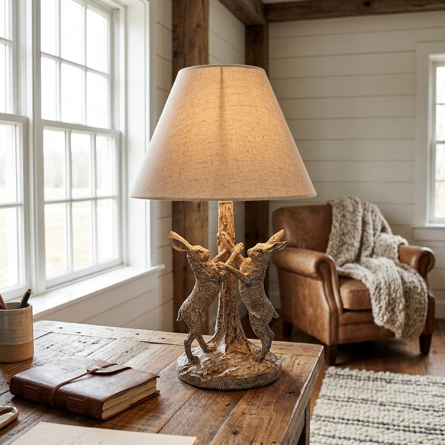 Stonewashed Marching Hares Lamp With Linen Shade