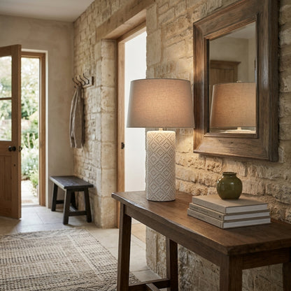 White Beaded Ceramic Lamp With Linen Shade