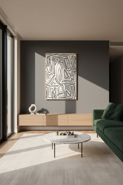 Modernist Abstract Black and Cream Textured Wall Art