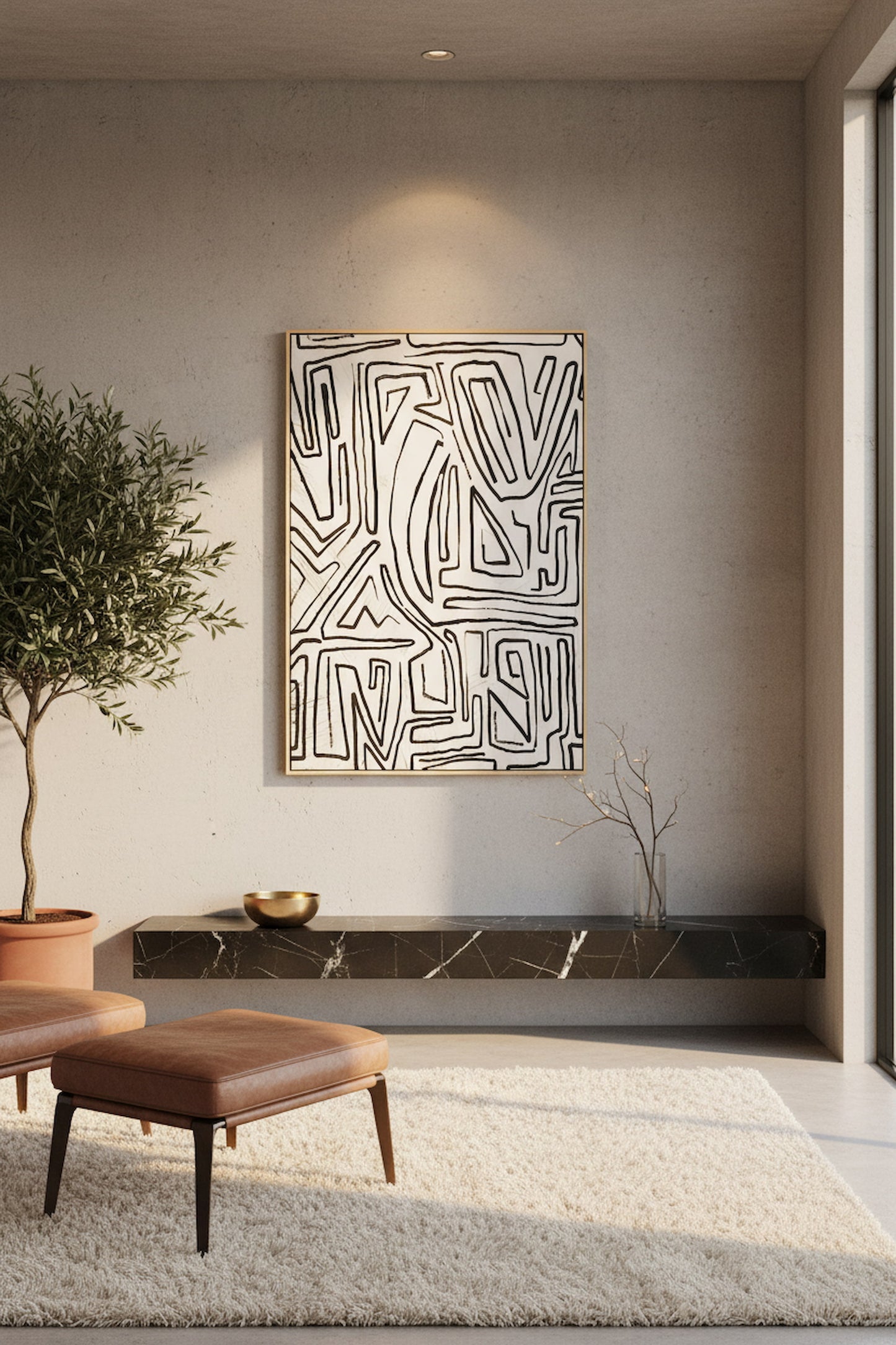 Modernist Abstract Black and Cream Textured Wall Art