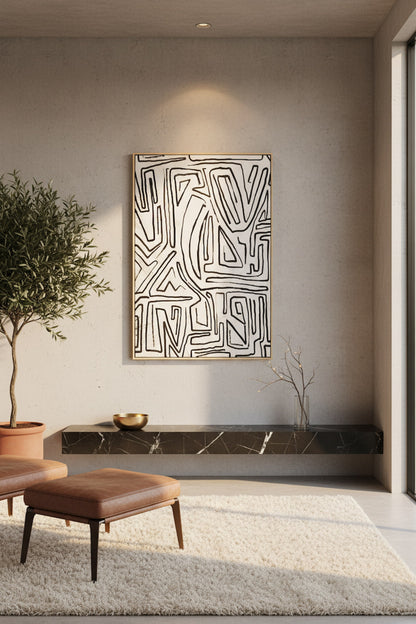 Modernist Abstract Black and Cream Textured Wall Art