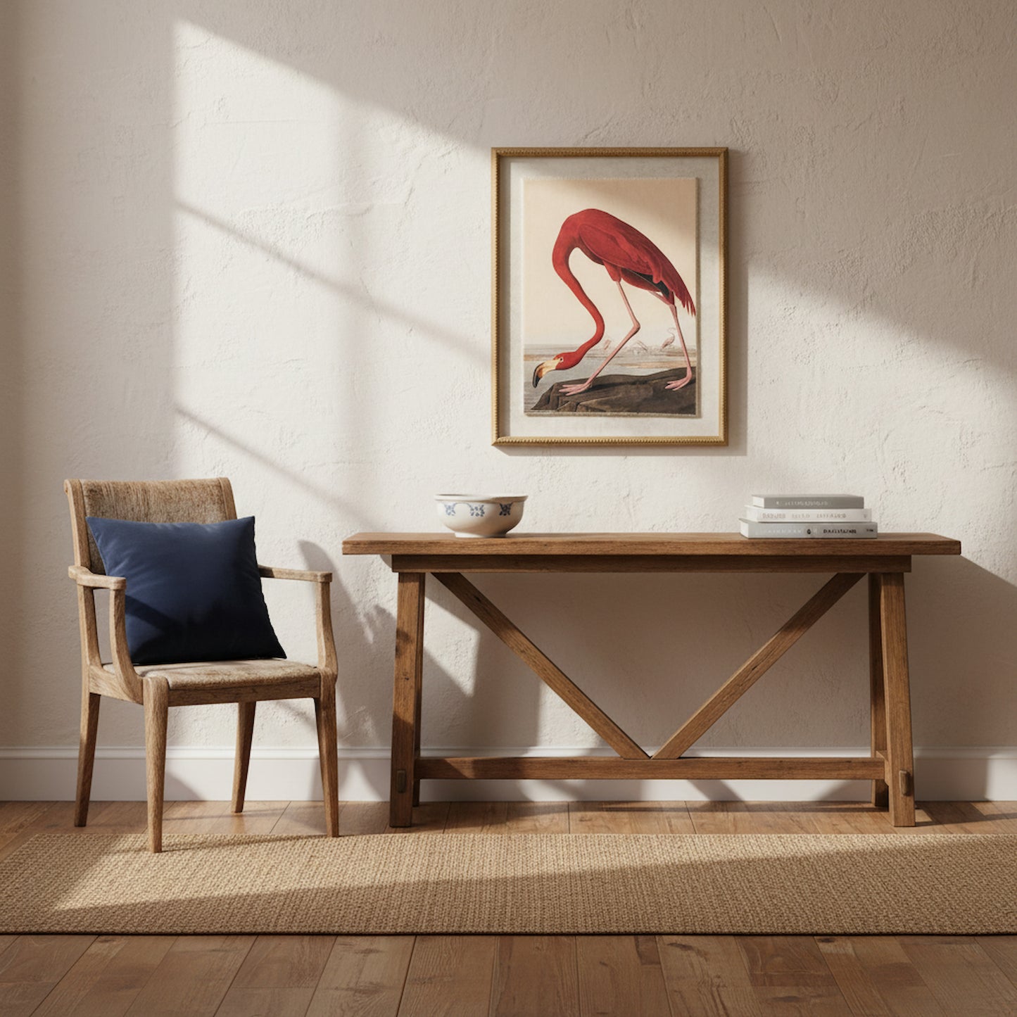 Flora & Fauna Collection Flamingo On Linen In Beaded Frame