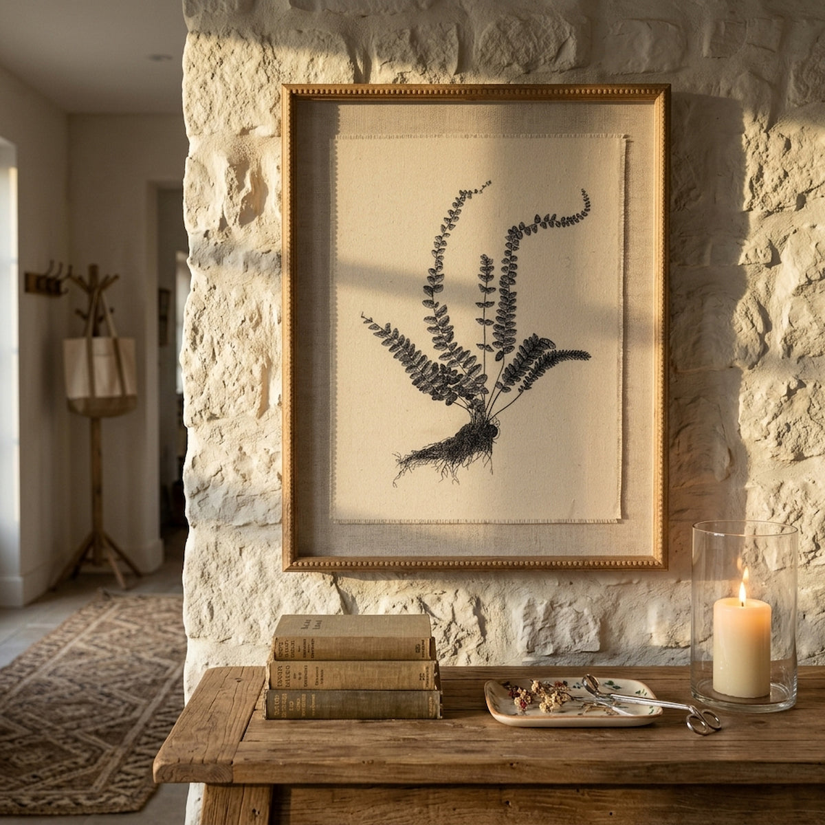 Flora & Fauna Collection Spleenwort On Linen In Beaded Frame