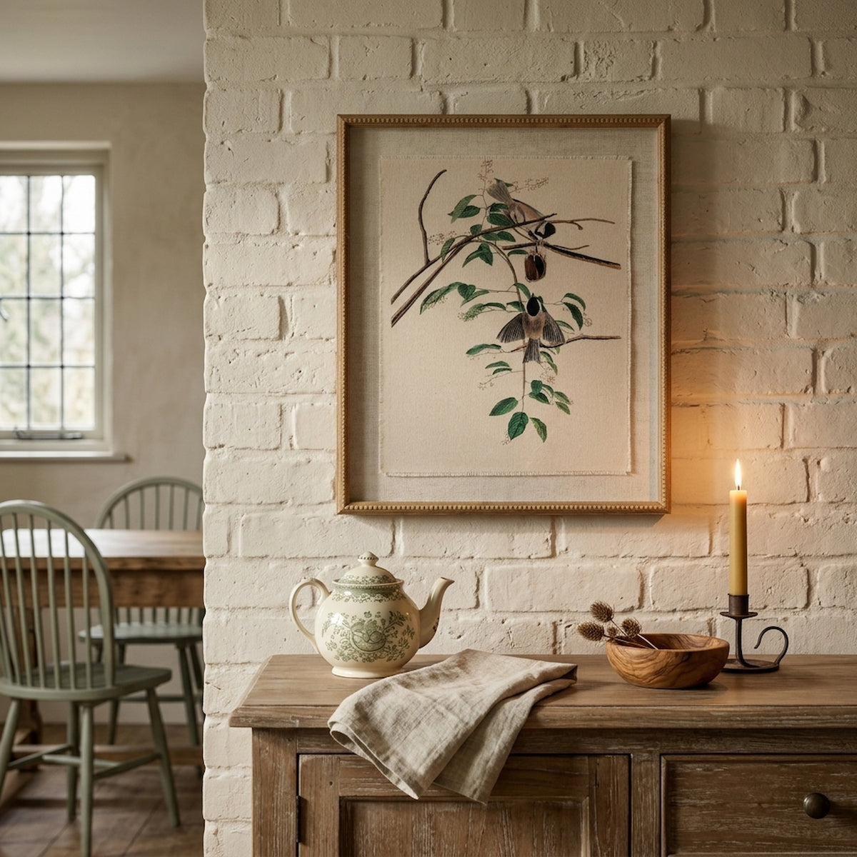 Flora & Fauna Collection Chickadees On Linen In Beaded Frame